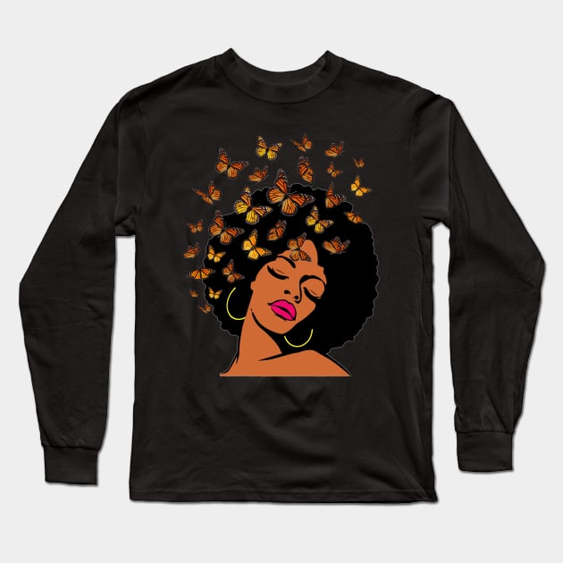 Melanin Afro Black Woman Butterfly African American Women Strong Long Sleeve T-Shirt by Magazine